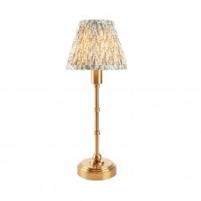 brass rechargeable table lamp with green leaf pattern shade