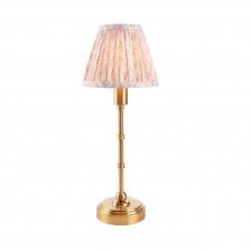 brass rechargeable table lamp with peach leaf pattern shade