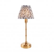 brass rechargeable table lamp with grey leaf pattern shade