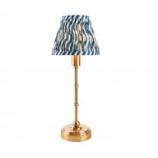 brass rechargeable table lamp with blue ripple pattern shade