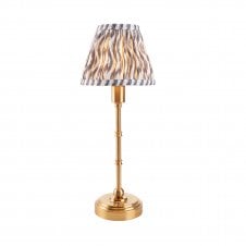 brass rechargeable table lamp with grey ripple pattern shade