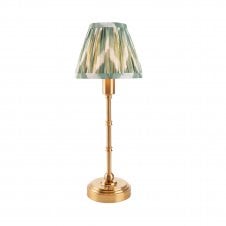 brass rechargeable table lamp with green zigzag pattern shade