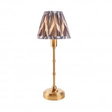 brass rechargeable table lamp with grey zigzag pattern shade