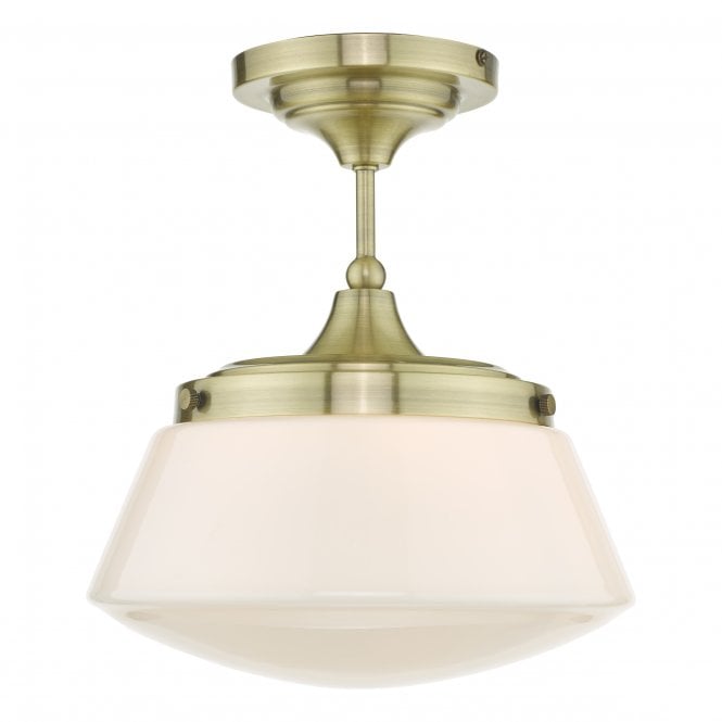 CADEN Semi Flush Bathroom Ceiling Light Antique Brass Opal Glass IP44