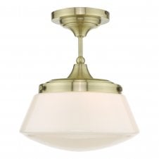 Semi Flush Bathroom Ceiling Light Antique Brass Opal Glass IP44