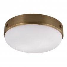 industrial flush fit ceiling light in antique brass with opal glass diffuser
