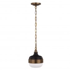 industrial ceiling pendant in matt black  & antique brass with opal glass diffuser