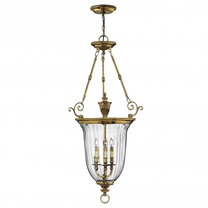CAMBRIDGE classic decorative ceiling pendant in burnushed brass with clear optic glass (large)