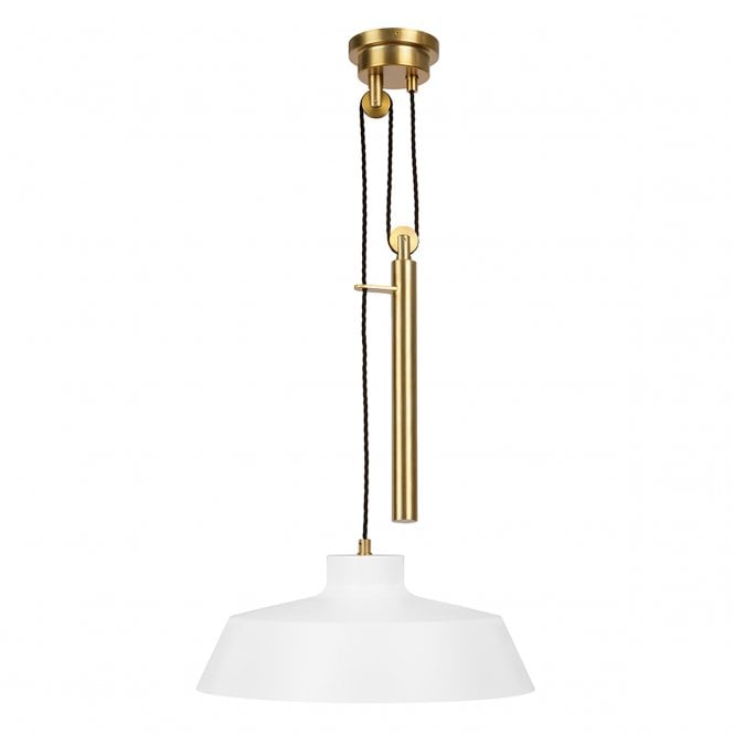 CANDOR matte white and burnished brass rise and fall ceiling pendant