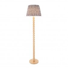 wooden bobbled floor lamp with grey pattern shade