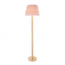 wooden bobbled floor lamp with coral pink patterned shade