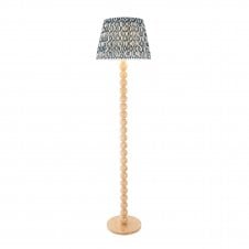 wooden bobbled floor lamp with blue patterned shade