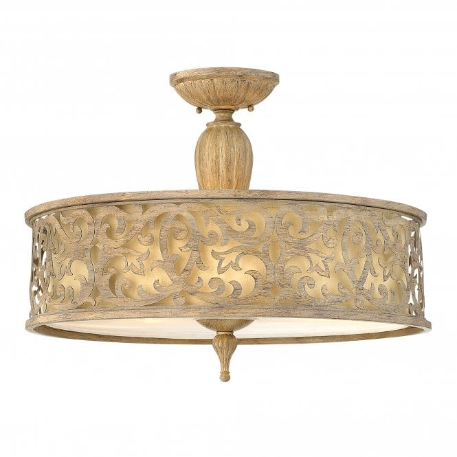 CARABEL filigree brushed gold large semi flush ceiling light with inner ivory shade