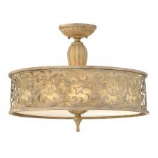 decorative filigree brushed gold semi flush ceiling light with inner shade
