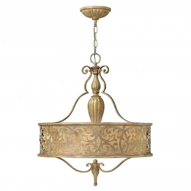 CARABEL filigree brushed gold pendant chandelier with inner ivory shade