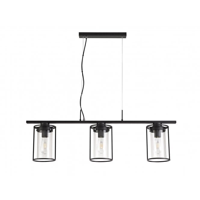 CARAFE 3 Light Ceiling Pendant Bar in Black with Framed Cylindrical Clear Glass Shades
