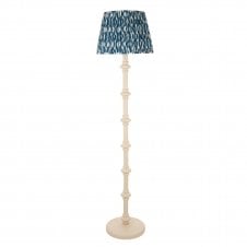white floor lamp with blue ikat pattern shade