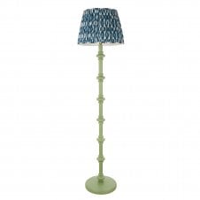 green floor lamp with blue ikat pattern shade