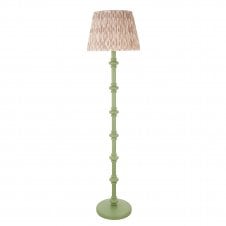 green floor lamp with neutral ikat pattern shade