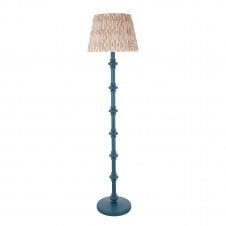 blue floor lamp with neutral ikat pattern shade