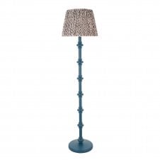 blue floor lamp with grey leaf pattern shade