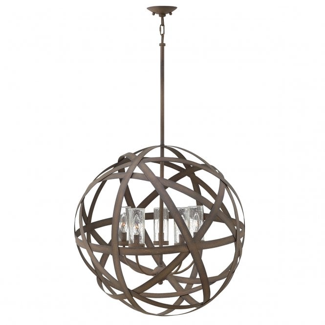 CARSON 5 light exterior chandelier in vintage iron with seeded glass shades