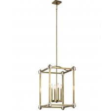 4 Light Large Square Ceiling Pendant Brass with Crystal