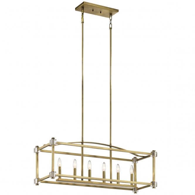 CAYDEN 6 Light Linear Chandelier over table light in a natural brass colour