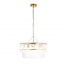 modern chandelier finished in brushed bras featuring textured glass panels