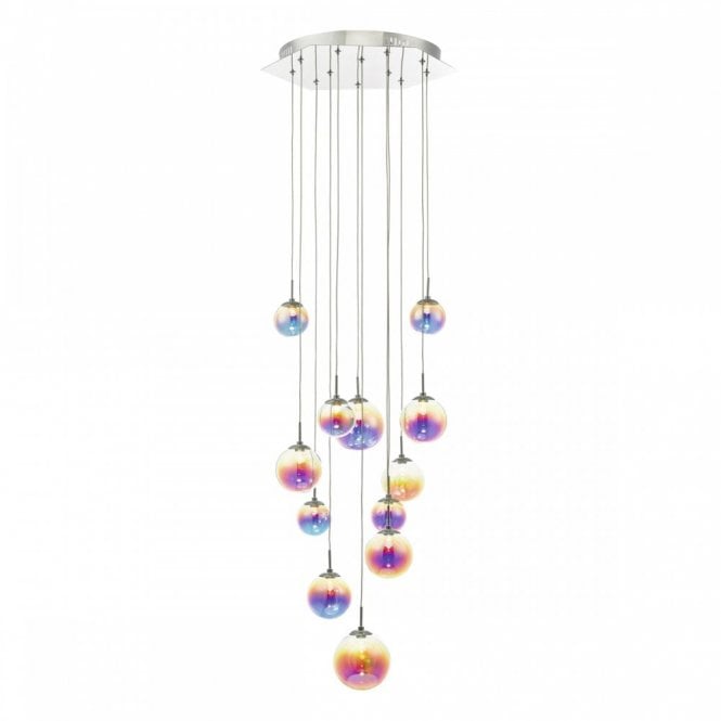 CESARIO 12 light LED pendant cluster in chrome with multi colour glasses