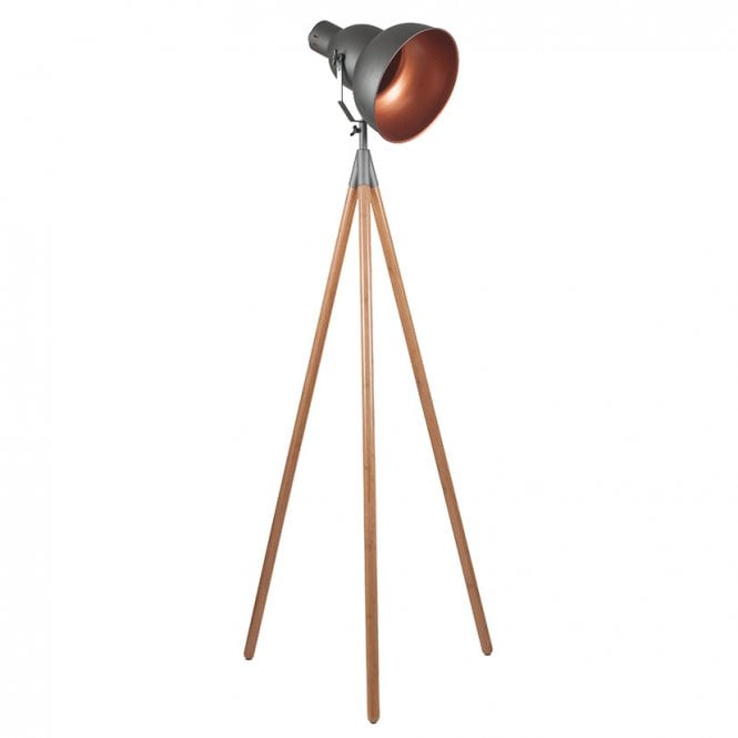 CHARLESTON Grey Metal andNatural Wood Tripod Floor Lamp