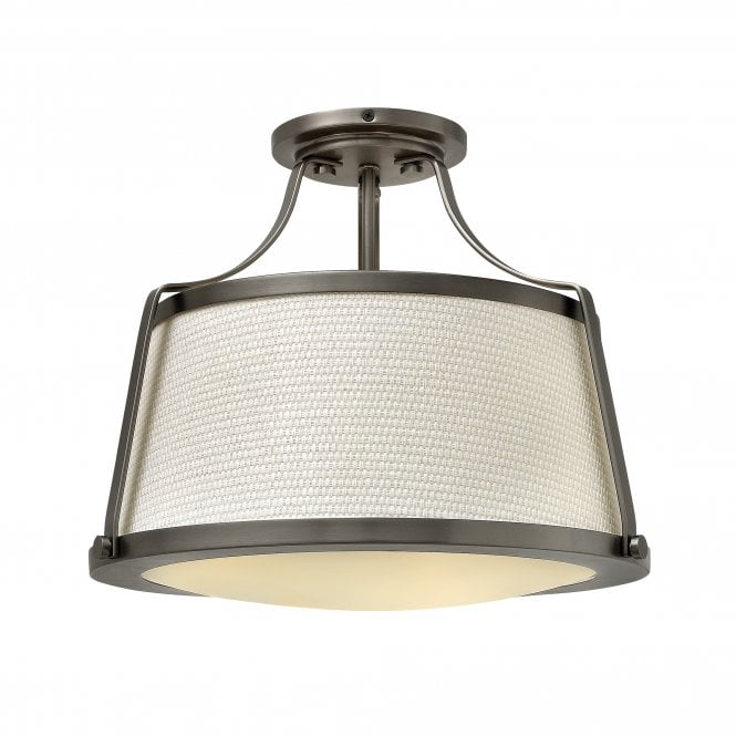 CHARLOTTE contemporary antique nickel ceiling light with textured fabric shade & opal diffuser