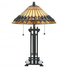 Tiffany style table lamp with bronze base and hand crafted amber glass shade