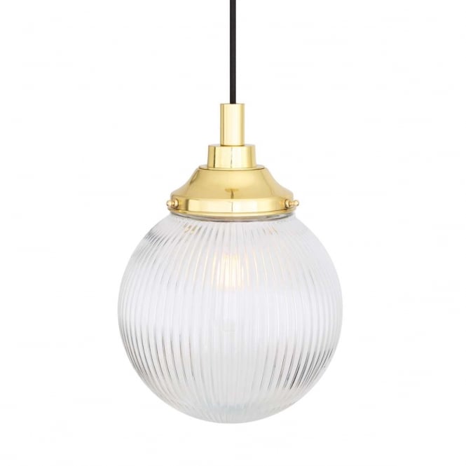 CHERITH bathroom globe ceiling pendant in polished brass with holophane glass