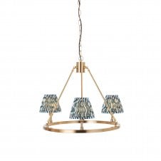brass circular ceiling light with blue pattern shades
