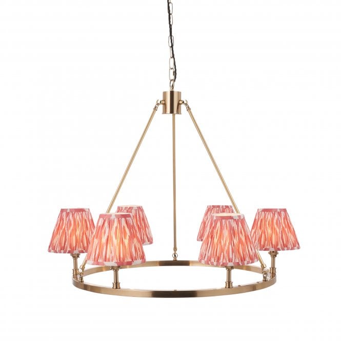 Chester 6 Light Aged Brass Pendant with Ikat Shades in Coral Pink