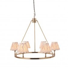 brass circular ceiling light with neutral cream ikat pattern shades
