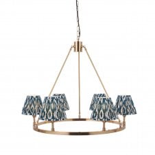 brass ceiling pendant six lights and blue pattern shades