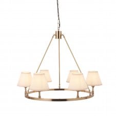 brass circular ceiling light with six vintage white shades