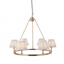 brass circular ceiling light with blue leaf pattern shades