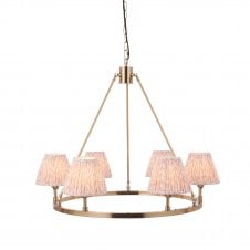 brass circular ceiling light with six leaf pattern peach shades