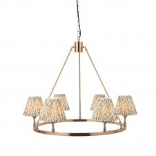 brass circular ceiling light with six green leaf pattern shades