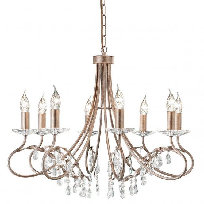 CHRISTINA 8 light chandelier in silver gold patina with crystal droplets