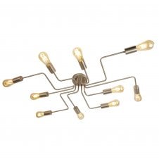CIRCUIT 10 Light Ceiling Flush Ceiling Satin Silver - Industrial Bare Bulb Look