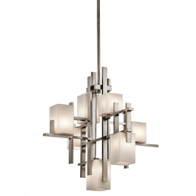 CITY LIGHTS modern geometric 7lt chandelier in pewter with squared opal glass shades