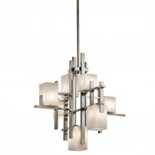 modern geometric chandelier in pewter finish with opal glass shades