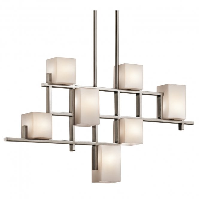 CITY LIGHTS modern geometric 7lt linear chandelier in pewter with squared opal glass shades