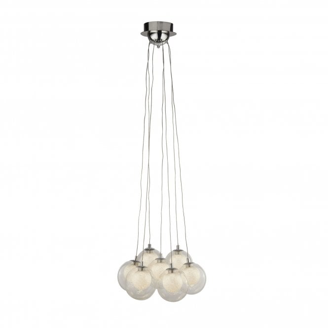 CLUSTER 7 Light Led Ball Ceiling Pendant Chrome With Clear Glass & Crystal Sand Balls
