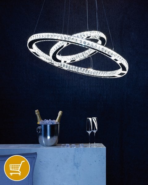 chrome and crystal LED dual ring ceiling pendant