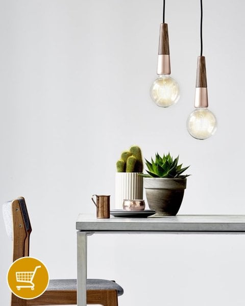 copper and wood ceiling pendant light